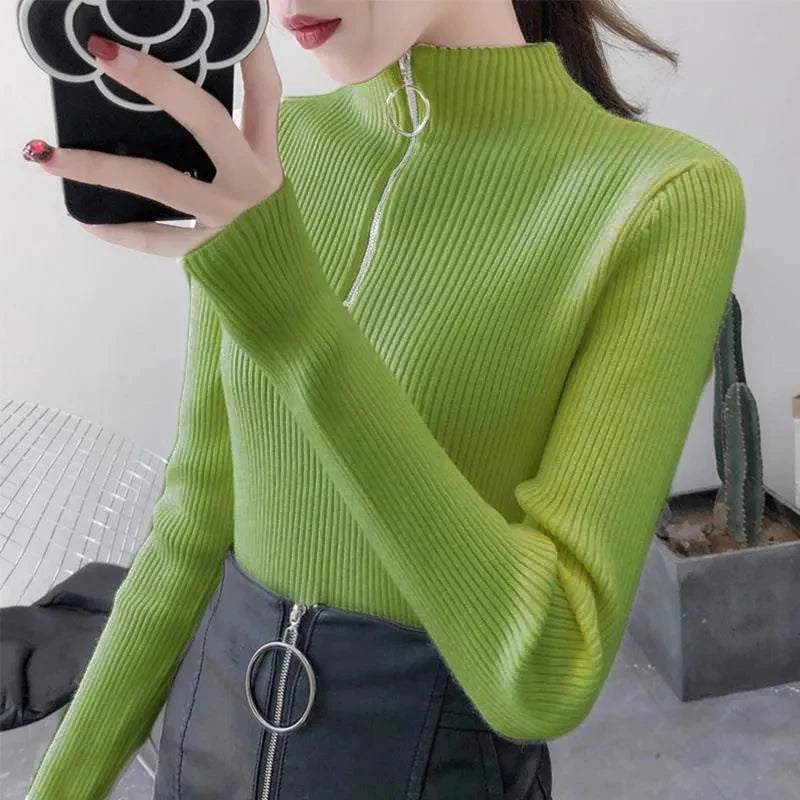 Knitted Women Zipper Half High Neck Sweater Pullovers Autumn Winter Basic Women Sweaters Slim Solid Knitwear Pull Femme Tops MIMI TOP FASHION