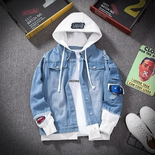 E-BAIHUI Men Denim Jacket Streetwear Hip Hop Hooded Jean Jackets Male Blue Charlie