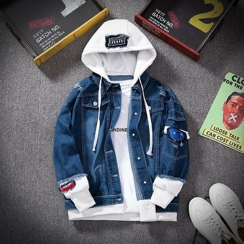 E-BAIHUI Men Denim Jacket Streetwear Hip Hop Hooded Jean Jackets Male Blue Charlie